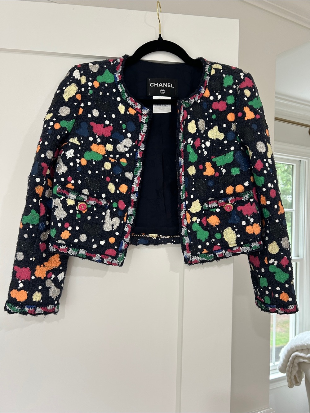 CHANEL Womens Navy Tweed Jacket with Multicolor Splatter - vintage
